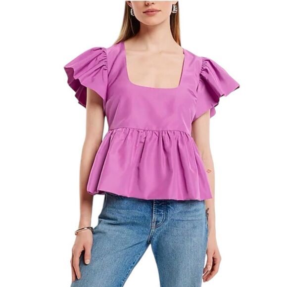Express Square Neck Flutter Sleeve Peplum Babydoll Top Size M - Picture 2 of 12